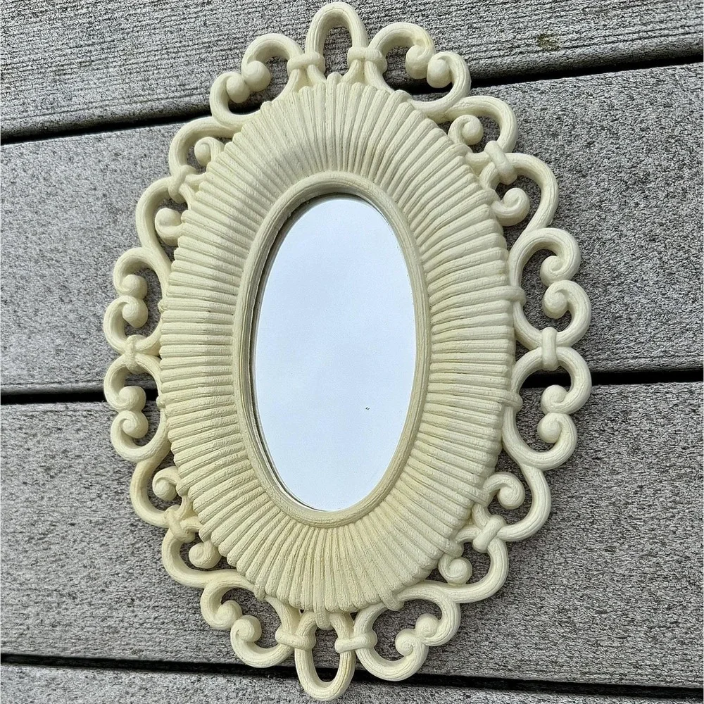 Cream Ornamental Wall Hook and Mirror Set - Decorative Floral Accents